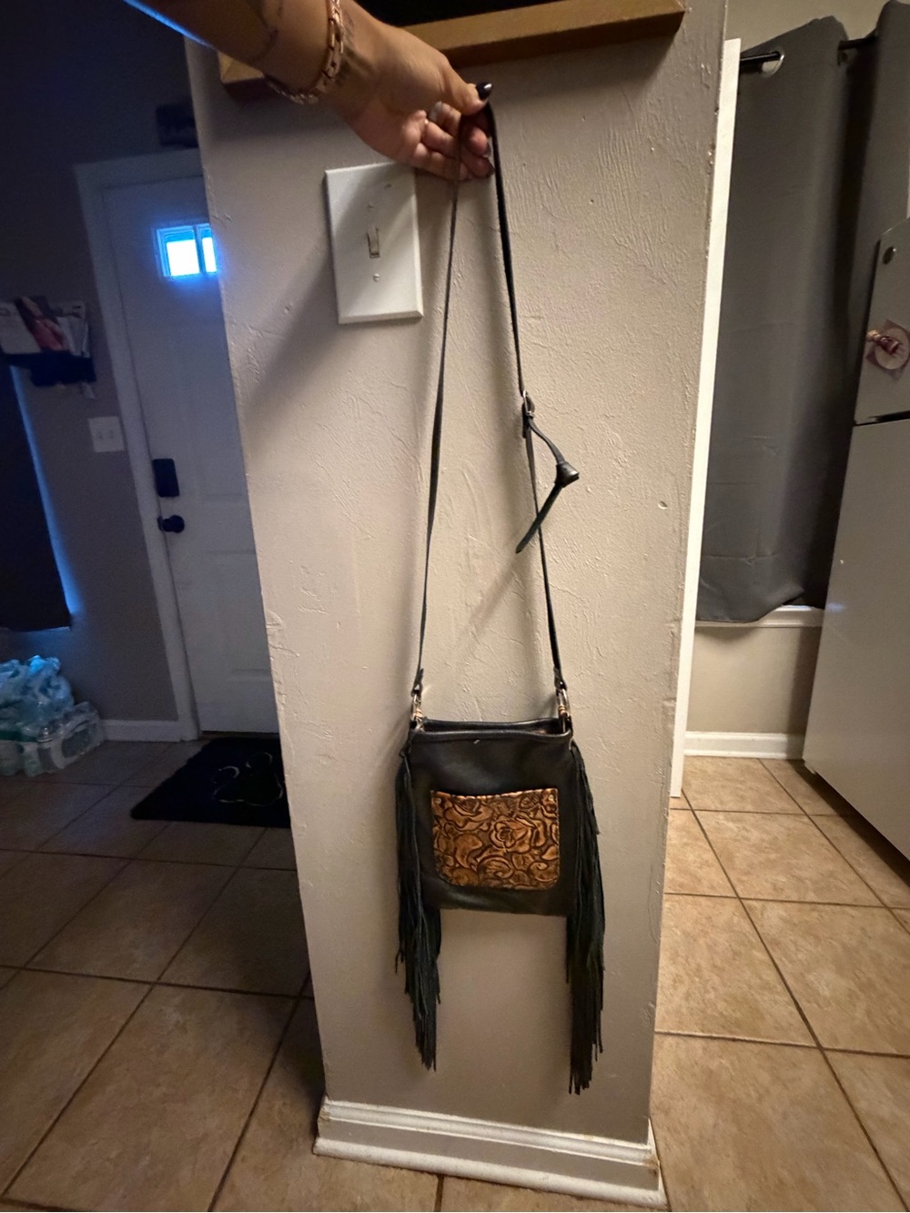 Fringe Crossbody Bag with Tooled Leather Accent - Black